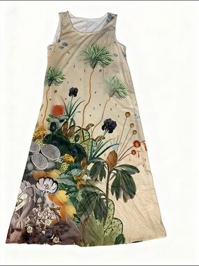 Beige Maxi Dress with Multicolor Botanical Print